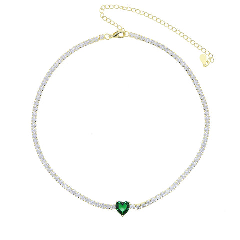 Xanthe tennis necklace with green heart all in cubic zirconia 18k gold plated