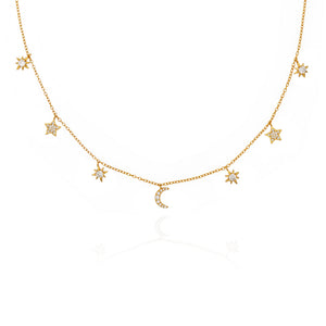 Alkaia 18k Gold plated sterling silver, moon and stars pave necklace