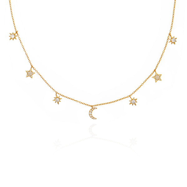 Alkaia 18k Gold plated sterling silver, moon and stars pave necklace