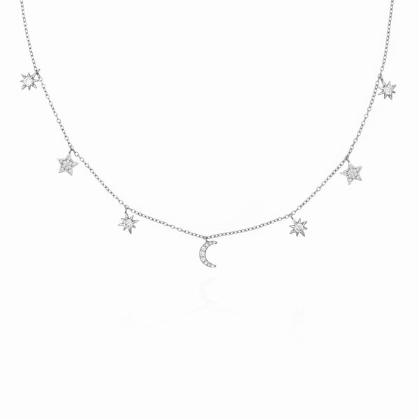 White gold plated moon and stars pave necklace