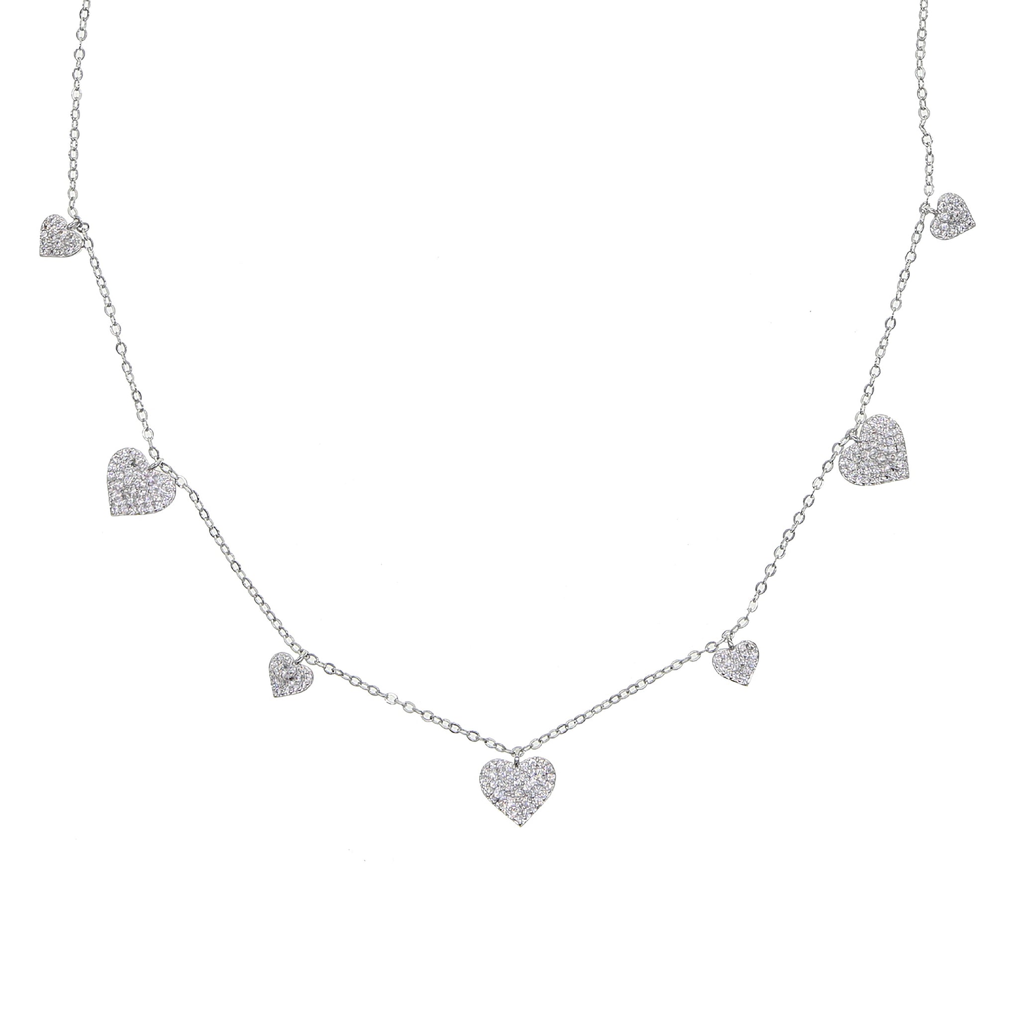 Ainia, 18k white gold plated necklace with dangling heart pave charms in cubic zirconia.