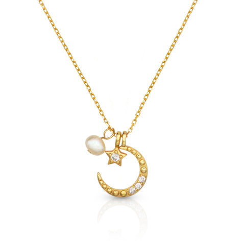 Melousa 18k gold plated, 925 sterling silver moon, star and freshwater pearl pendant necklace