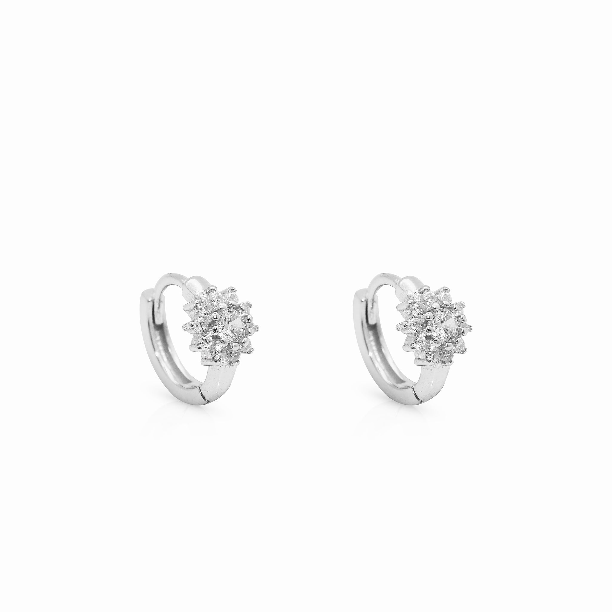 Alcibie white gold pave flower huggie hoop earrings