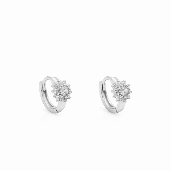 Alcibie white gold pave flower huggie hoop earrings