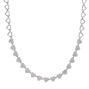 Mulan Necklace, full pave hearts in a row. 18k white gold plated